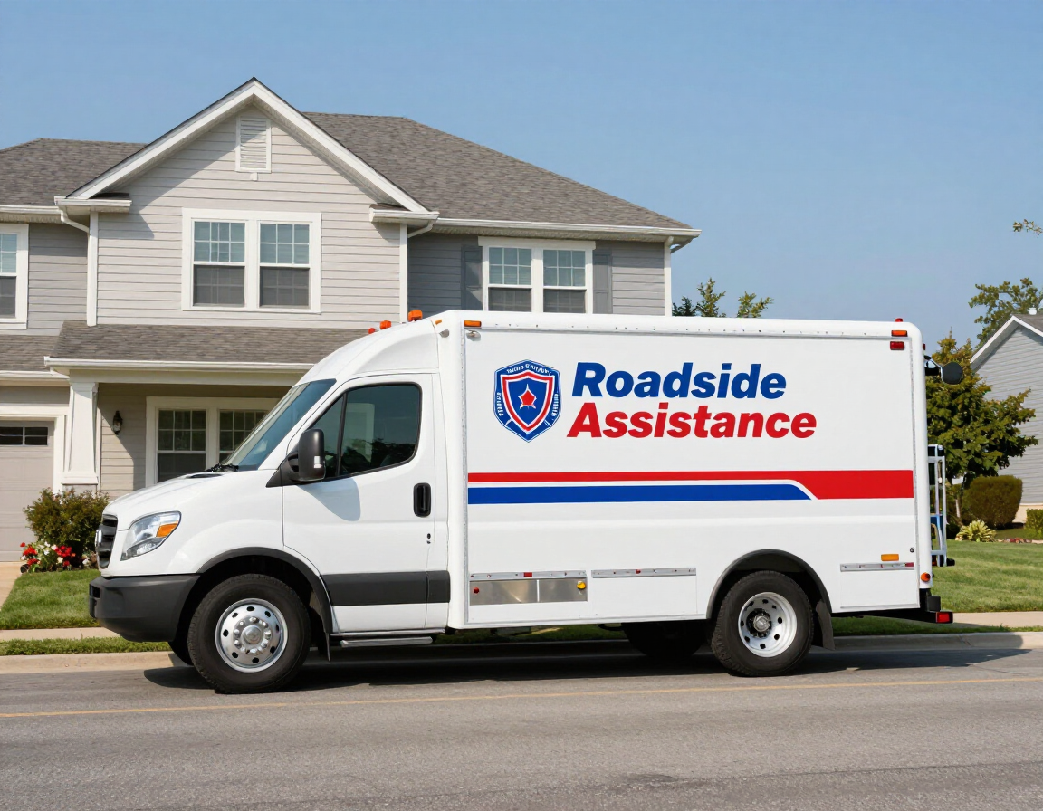 A white roadside assistance van is parked on the street in front of a house on a clear, sunny day.