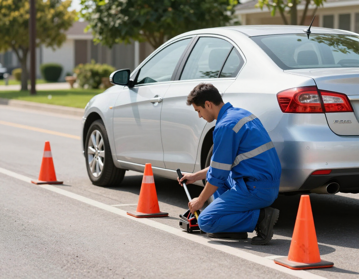 A mechanic in blue coveralls uses a jack to lift a silver car parked on a road lined with orange safety cones.