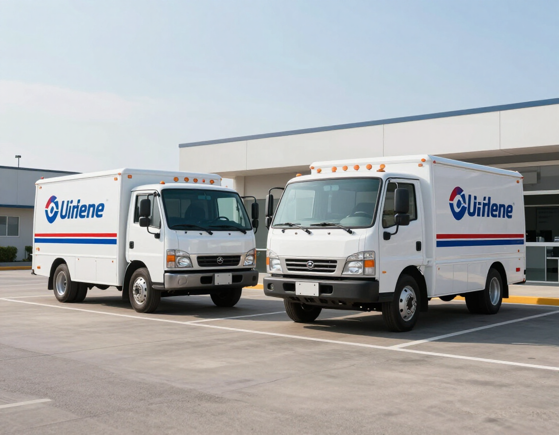 Two white Unifene delivery trucks parked side-by-side in a parking lot in front of a building.