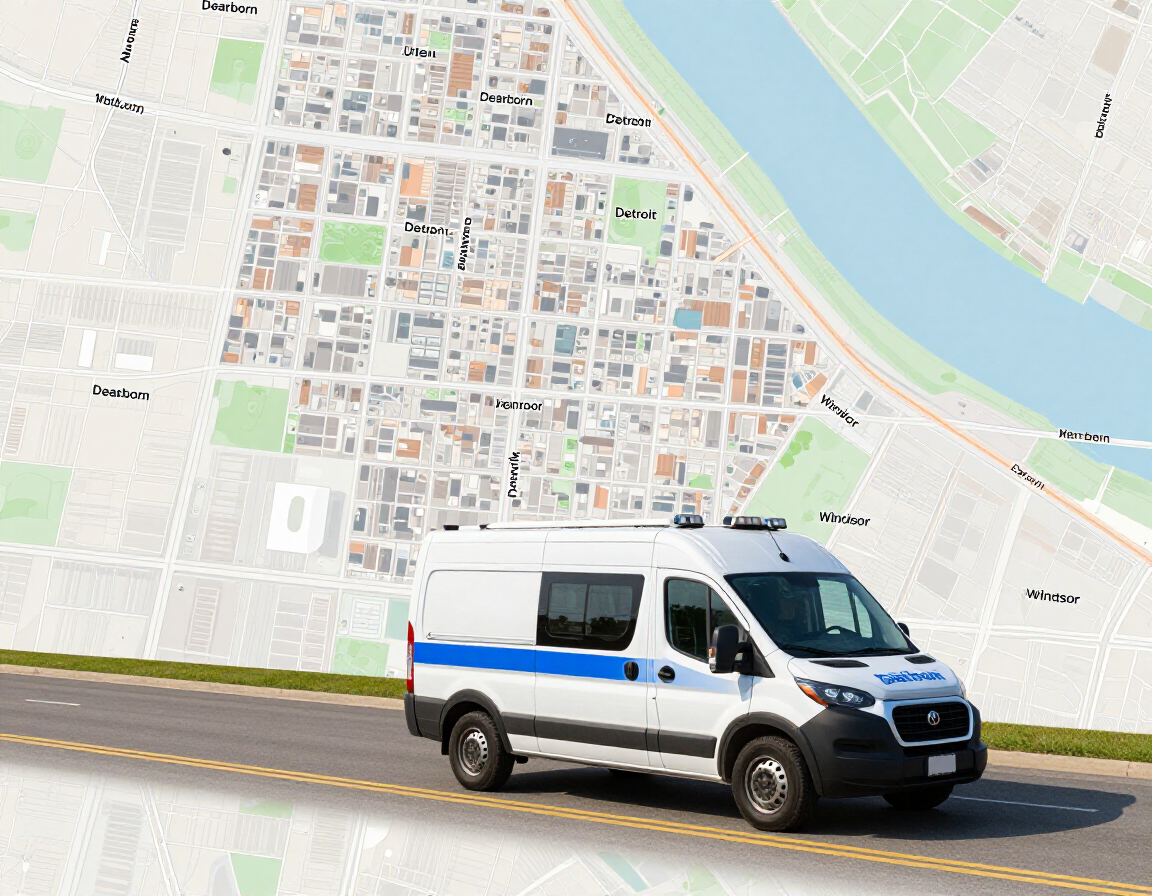 A white medical transport van drives along a road against a backdrop of a city map.