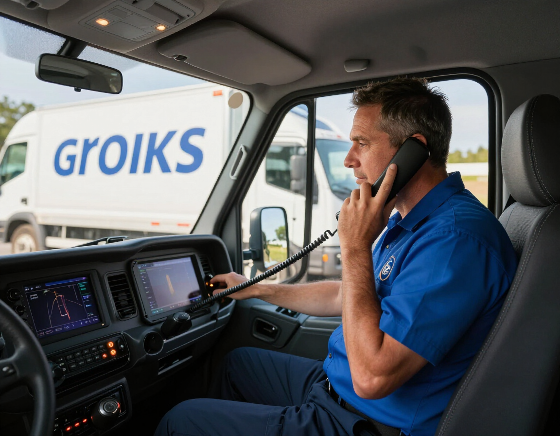 A truck driver in a blue polo shirt talks on a corded phone inside a cab, with a Groiks truck visible through the window.