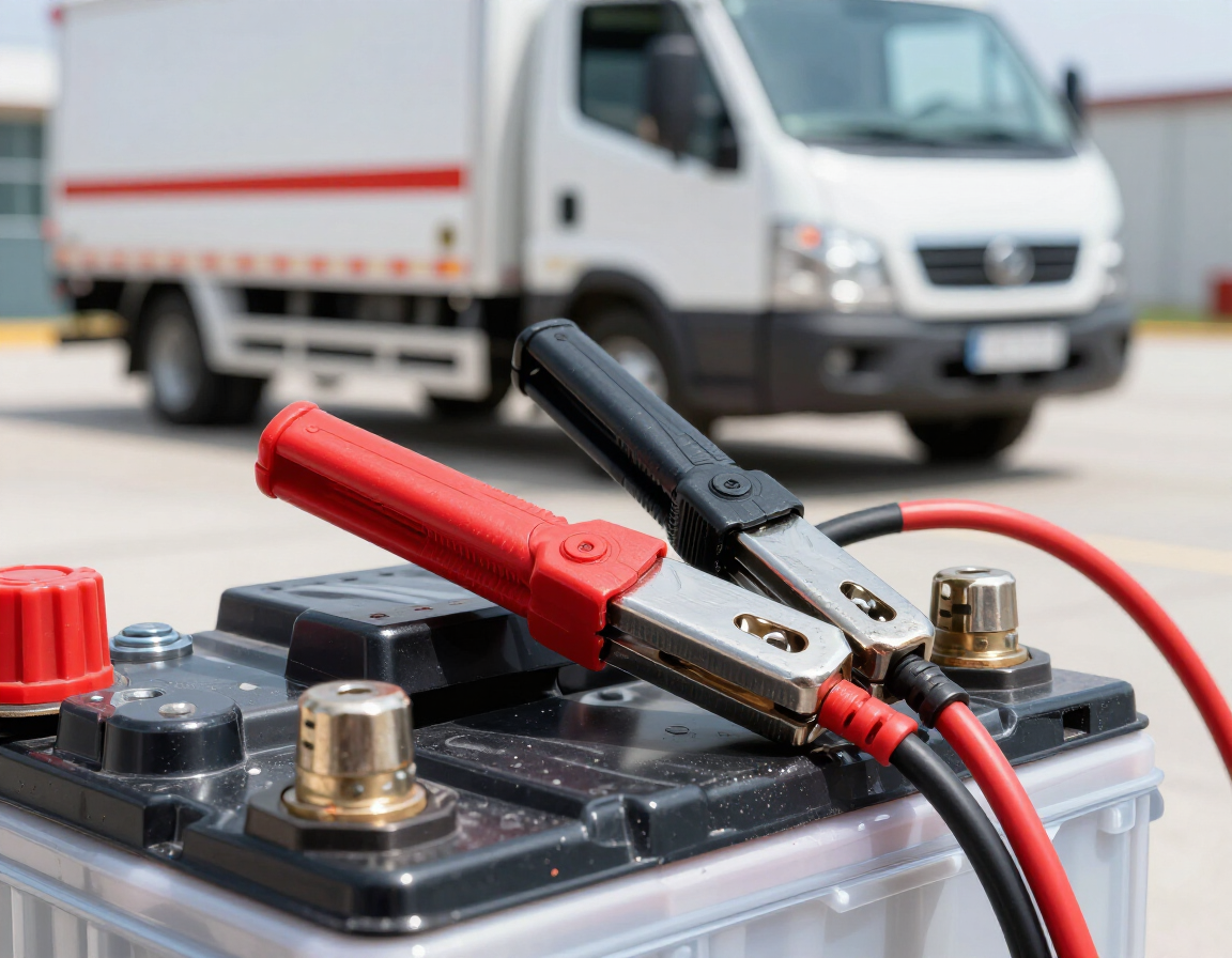 Close-up of red and black jumper cables resting on a car battery with a white delivery truck in the background.