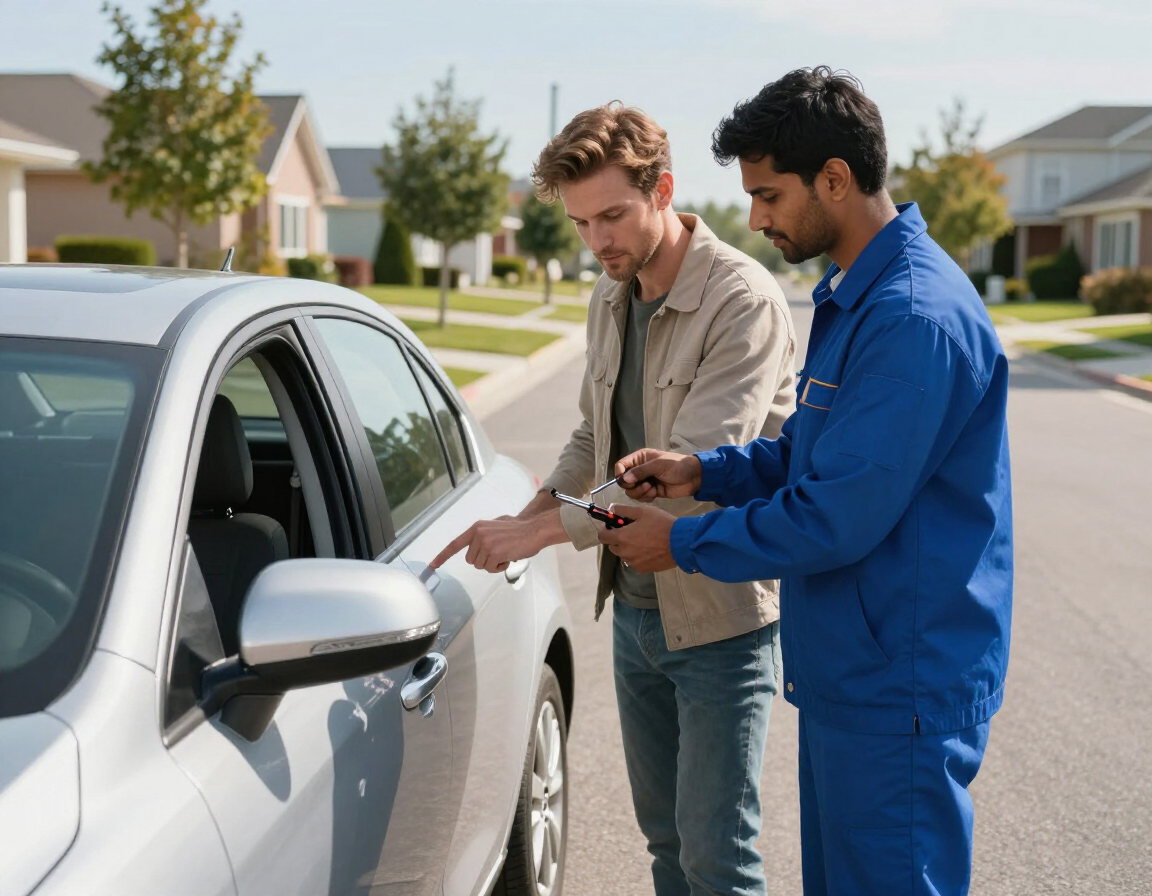 Driver getting lockout help next to a parked vehicle in a neighborhood.