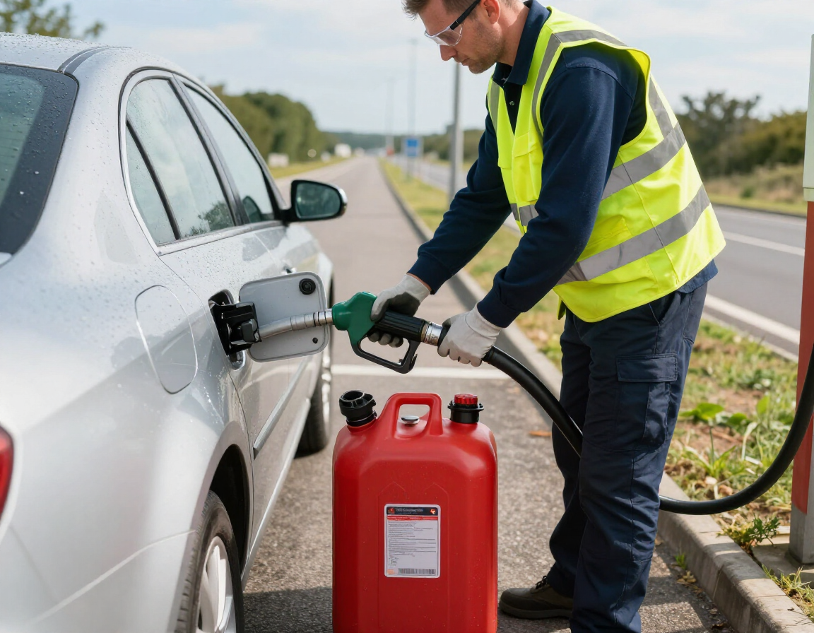 A person wearing a high-visibility vest fills a red fuel container from a gas pump nozzle parked next to a silver car.