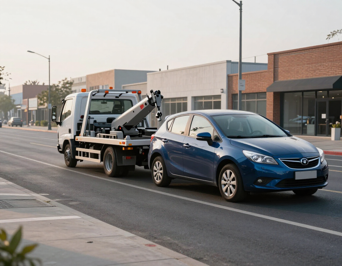 A white tow truck tows a blue hatchback car along a street lined with buildings.
