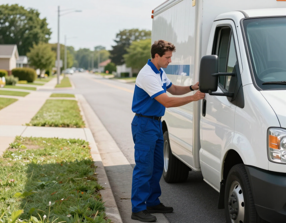 A delivery worker in a blue and white uniform opens the passenger door of a white delivery van parked on a residential street.