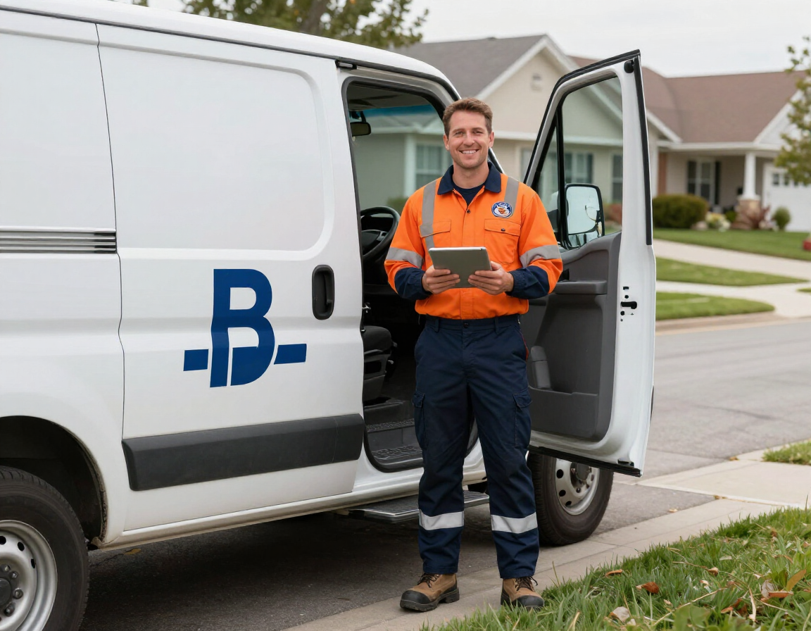 A service worker in an orange uniform stands smiling beside a white van with a blue