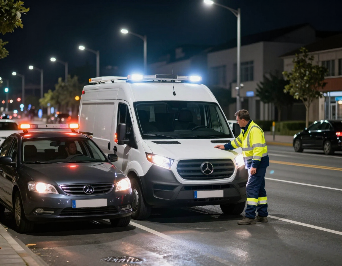A worker in a high-visibility jacket stands by a white service van next to a dark car on a city street at night.