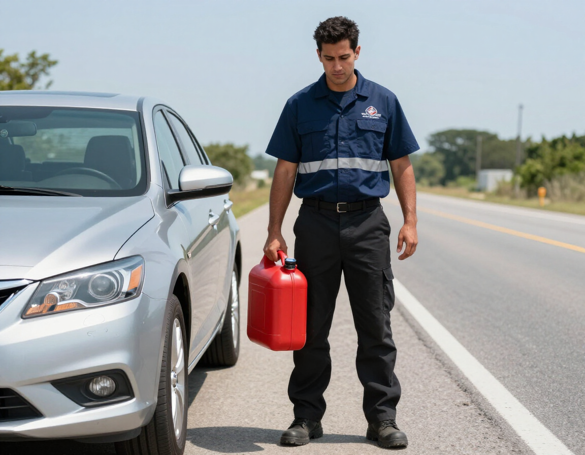A person in a blue uniform stands on a road shoulder beside a silver car, holding a red gas can.