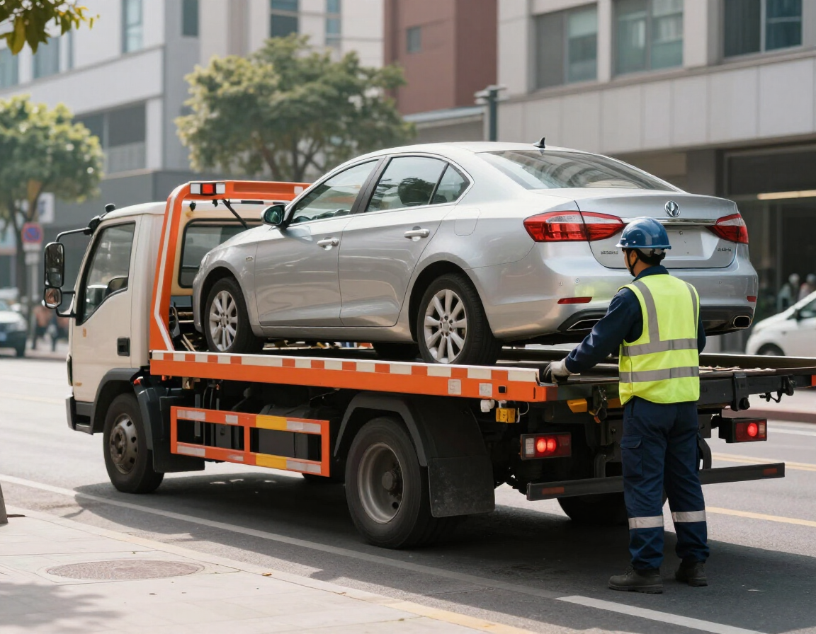 A worker in a high-visibility vest stands behind a flatbed tow truck carrying a silver sedan on a city street.