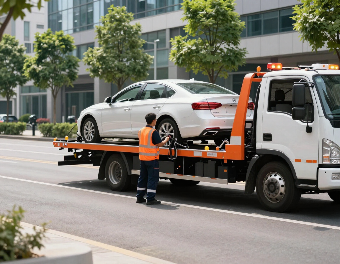 A worker in an orange safety vest stands next to a white car loaded onto a flatbed tow truck on a city street.
