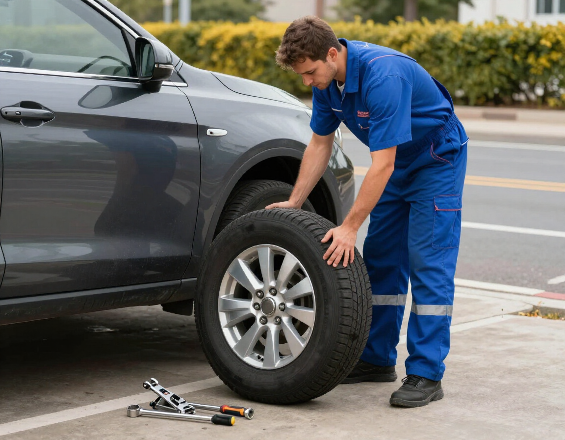 A mechanic in blue overalls holds a car tire next to a vehicle, with tools on the pavement nearby.