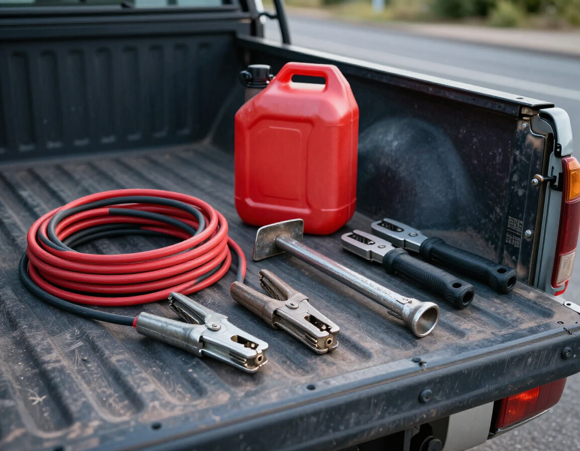 A red fuel container, jumper cables, and metal tools rest in the bed of a pickup truck.