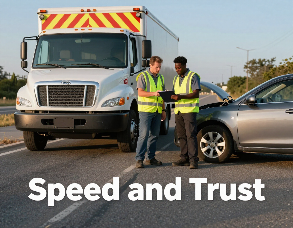 Two people in high-visibility vests consult paperwork beside a tow truck and a damaged car on a road. Text reads: Speed.