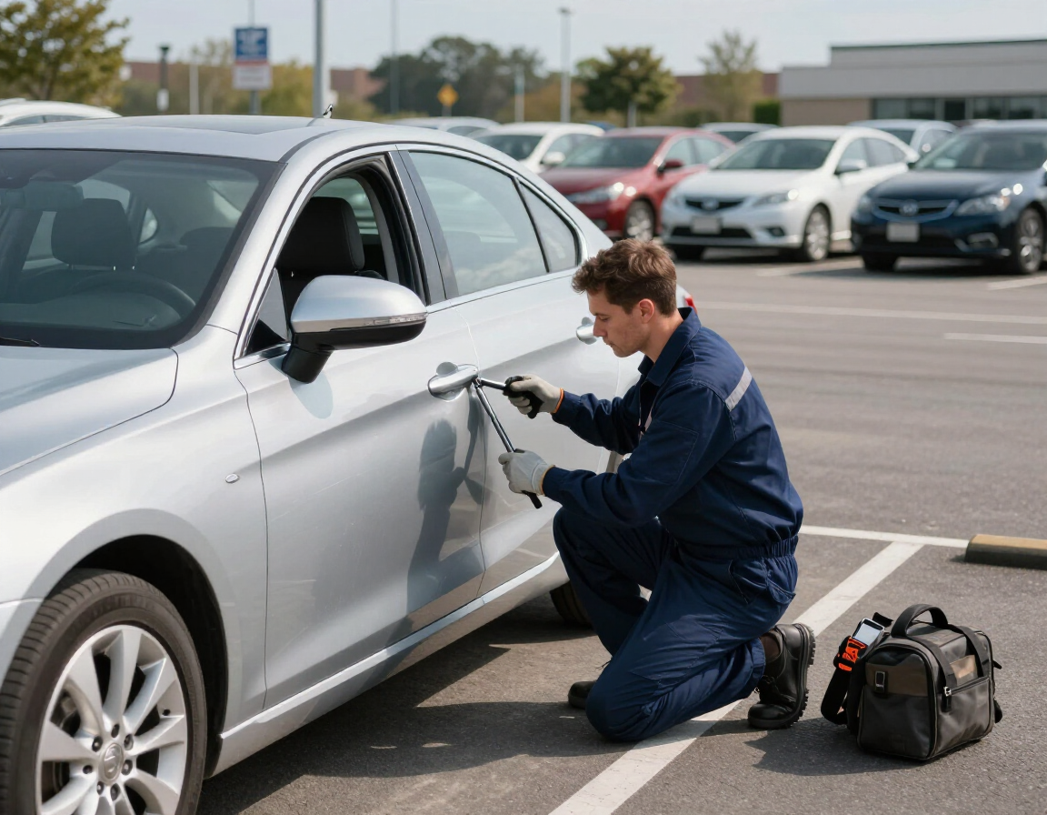 A technician in blue workwear uses a tool to unlock a silver car in a parking lot.