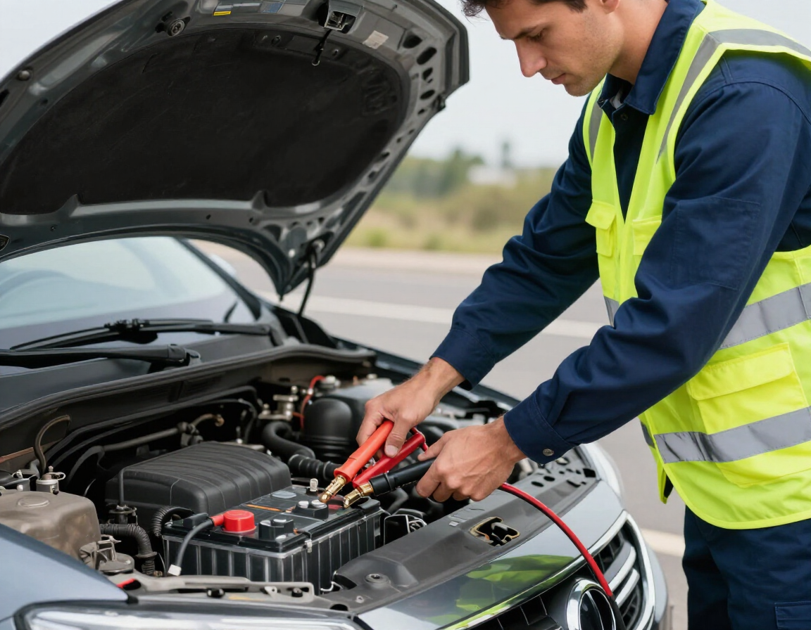 A person in a high-visibility vest uses jumper cables to jump-start a car engine with the hood open on the side of a road.