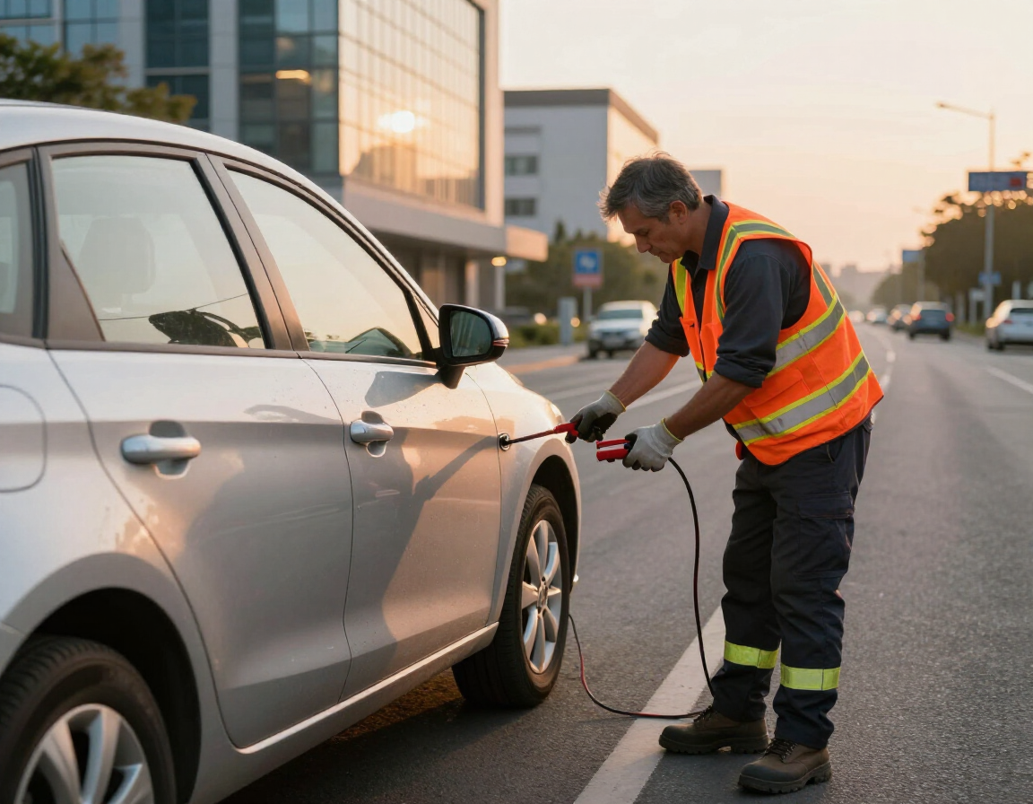 A worker in a high-visibility vest uses jumper cables on the door handle of a silver car parked on a city street.