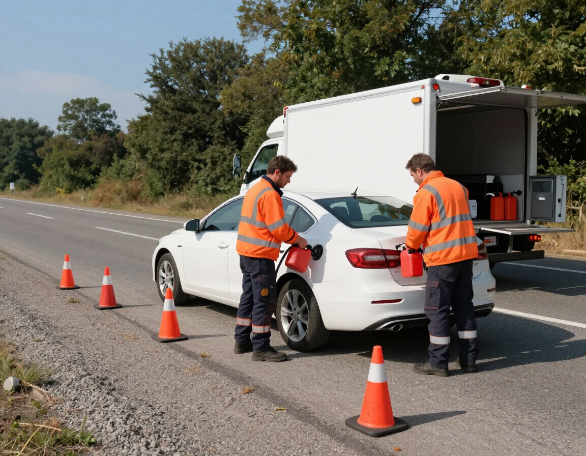 Two workers in orange high-visibility jackets refuel a white car on the side of a road marked by orange traffic cones.