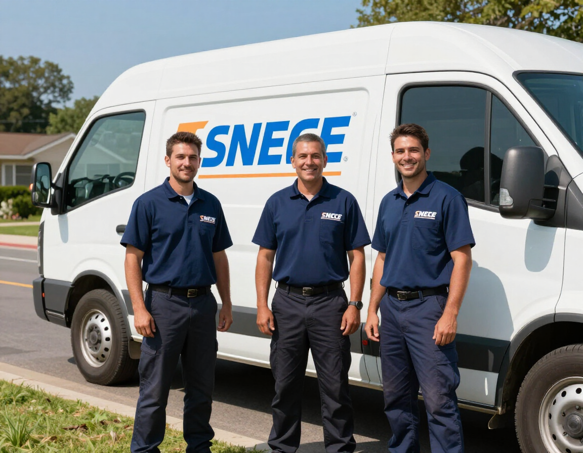 Three service technicians in blue uniforms stand smiling in front of a white van branded with the logo 