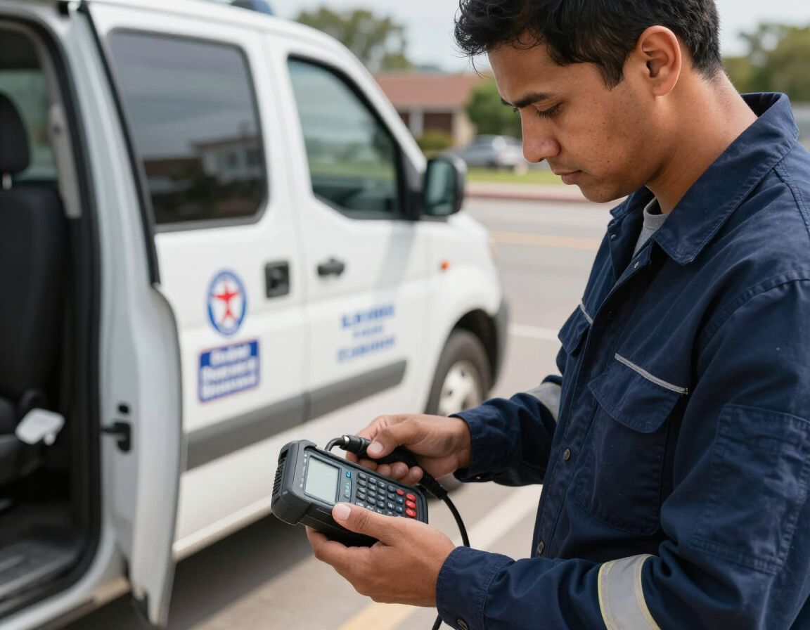 A technician in a blue uniform checks a handheld diagnostic device standing next to a white service van.