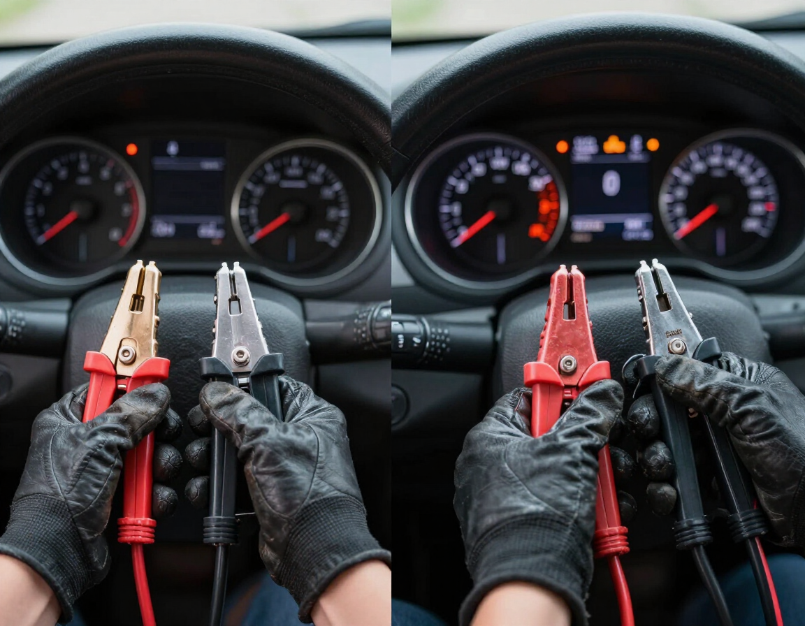 Gloved hands holding jumper cable clamps inside a car, shown in two side-by-side views of the vehicle's dashboard.