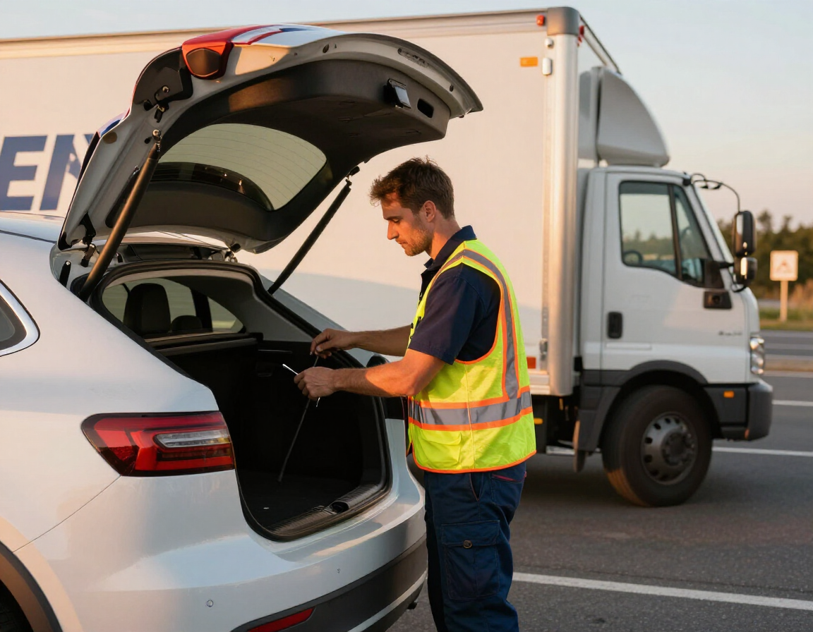 A person in a high-visibility vest standing by the open trunk of a white car parked next to a large delivery truck.