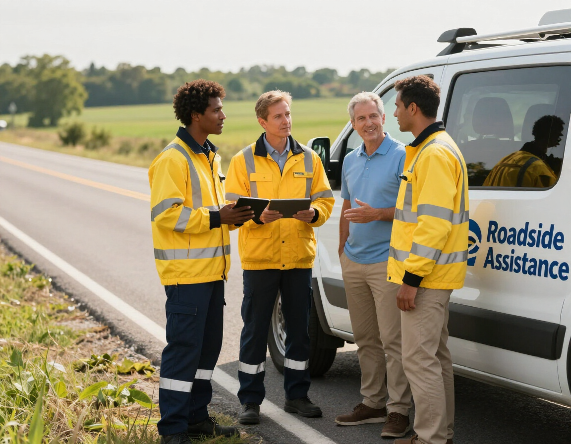 Three roadside assistance workers in yellow safety jackets consult with a man by a roadside assistance van.