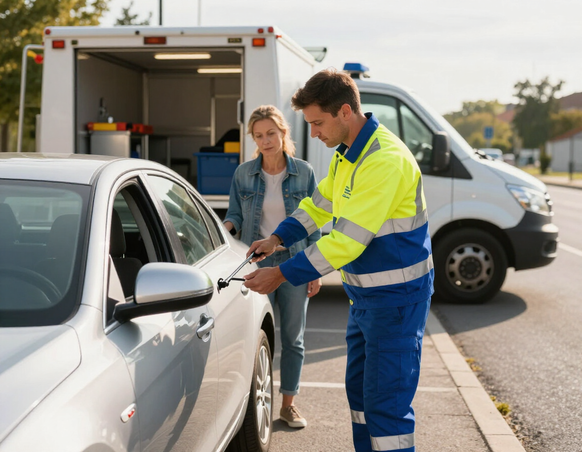 A roadside technician in a neon yellow uniform uses a tool to unlock the driver-side door of a silver car for a customer.