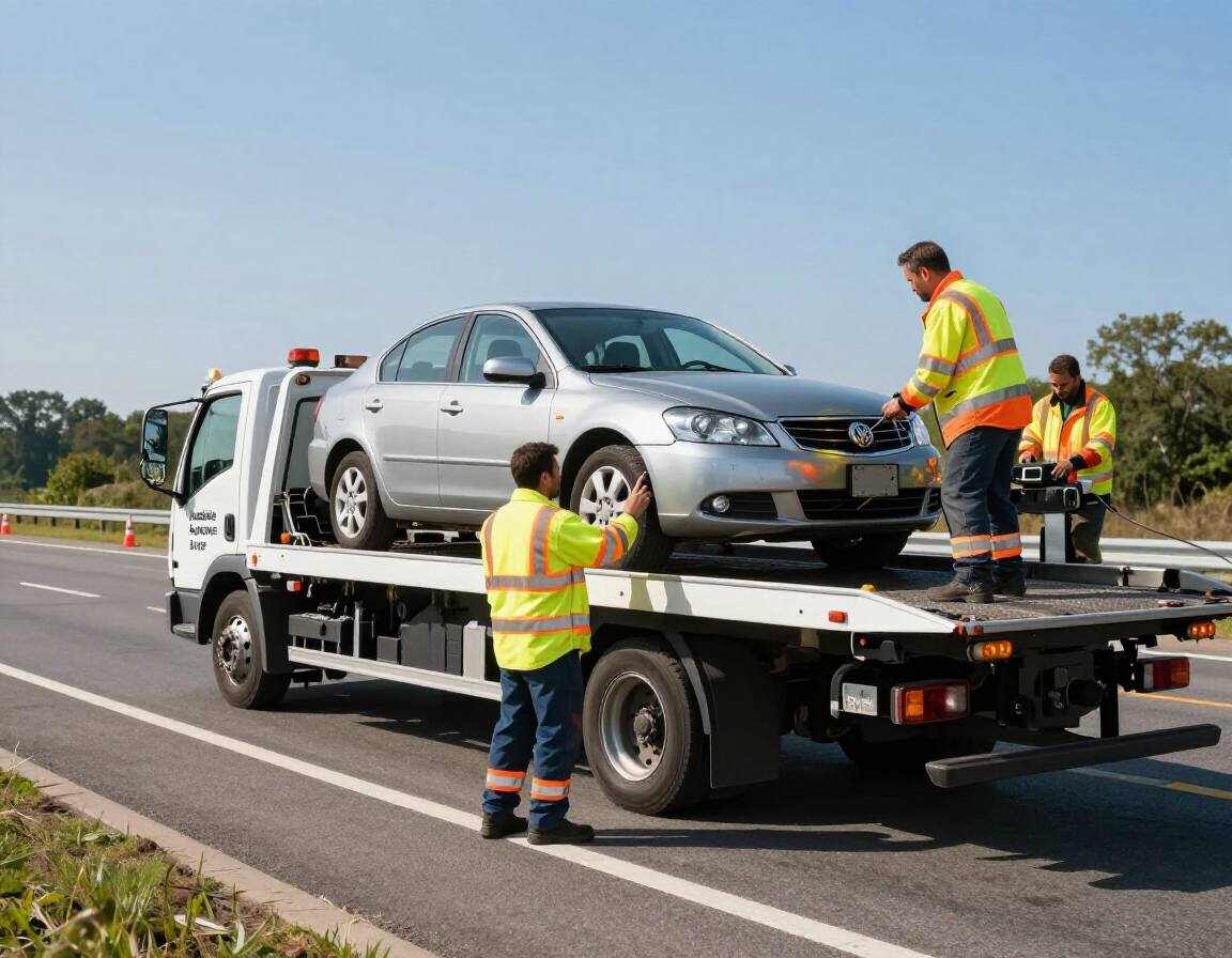Two workers in high-visibility vests secure a silver sedan onto the flatbed of a tow truck on the side of a highway.