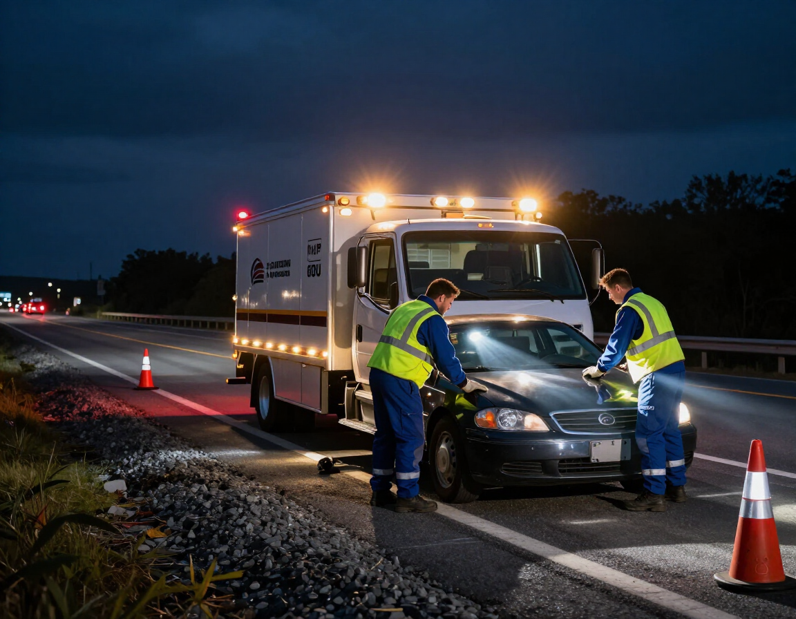 Two roadside assistance workers in reflective vests inspect a car parked on a highway shoulder at night.
