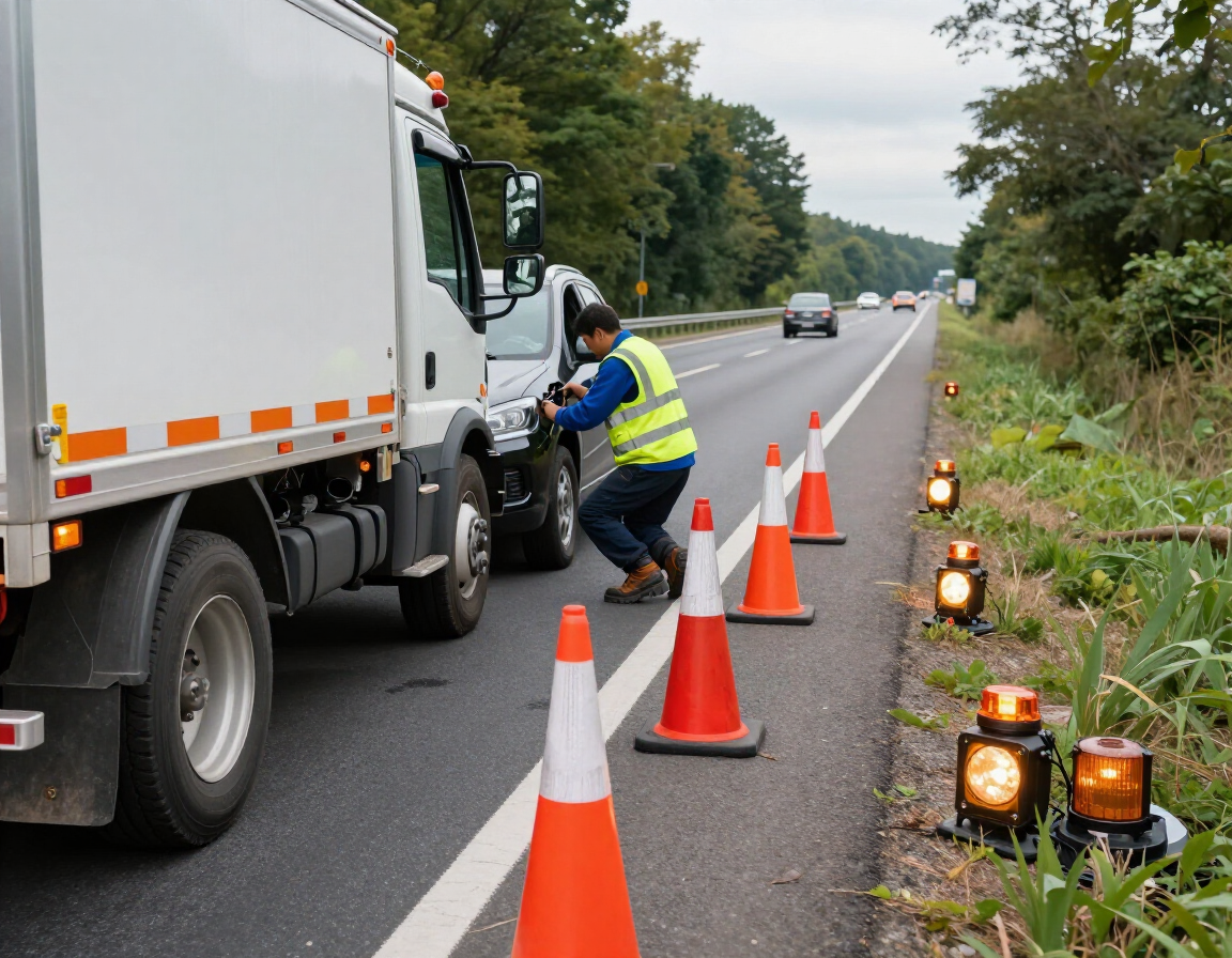 A person in a high-visibility vest inspects a vehicle involved in a minor collision on a roadside marked by traffic cones.