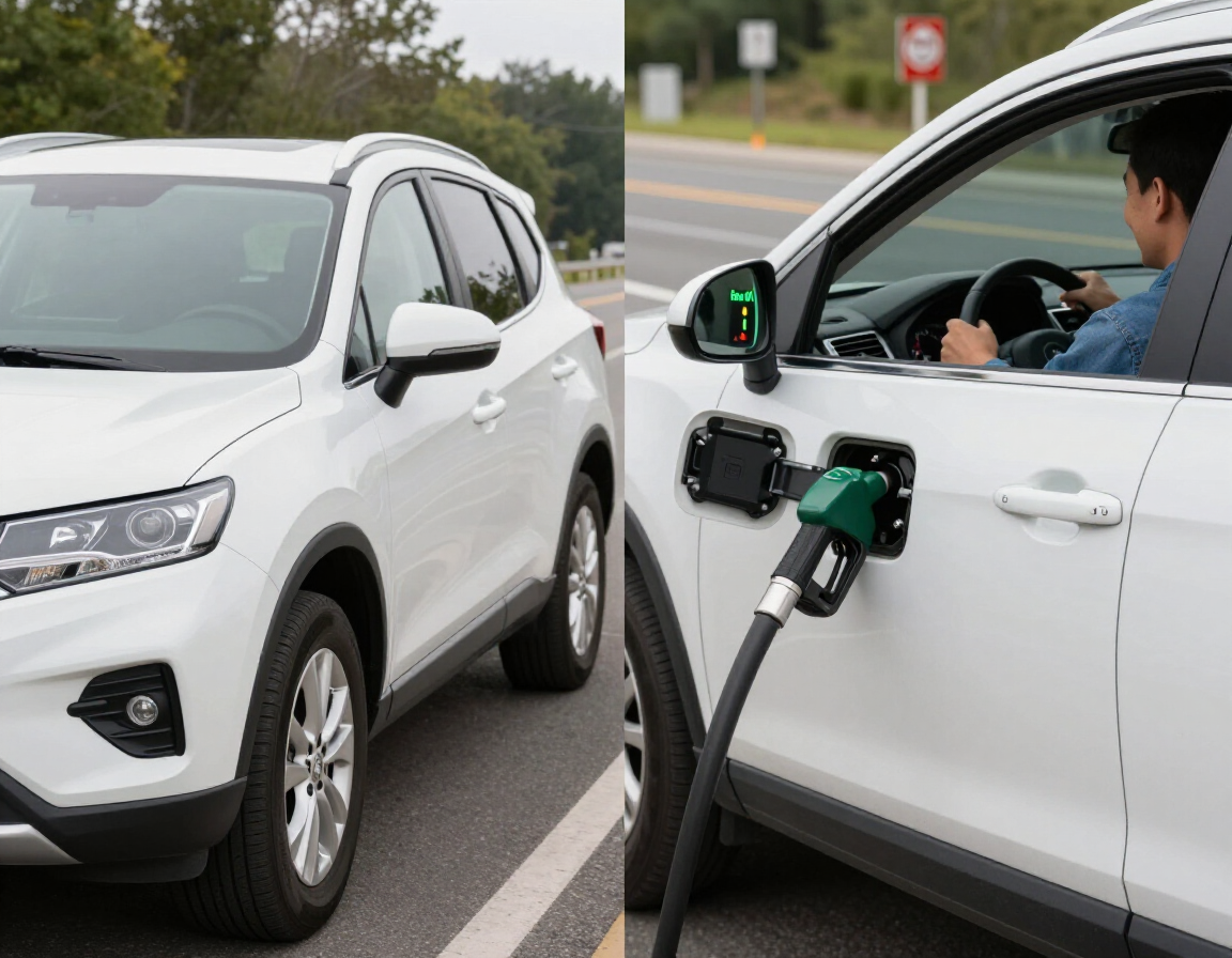 A white SUV on a road, with an inset showing a fuel pump nozzle inserted into the driver-side door handle area.