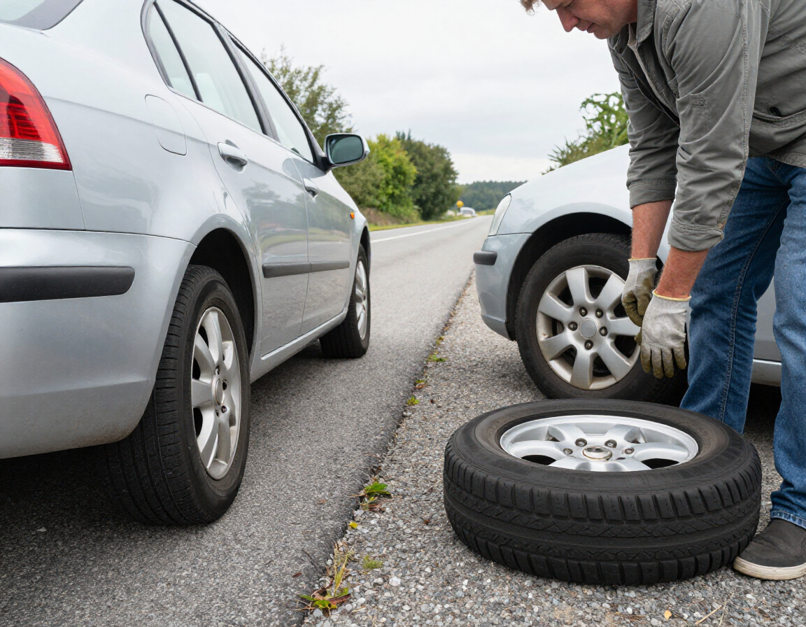 A person wearing work gloves stands on the roadside next to a silver car, preparing to change a flat tire.
