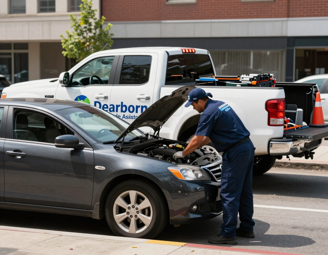 A technician in a blue uniform inspects the engine of a grey sedan parked next to a white Dearborn service truck.