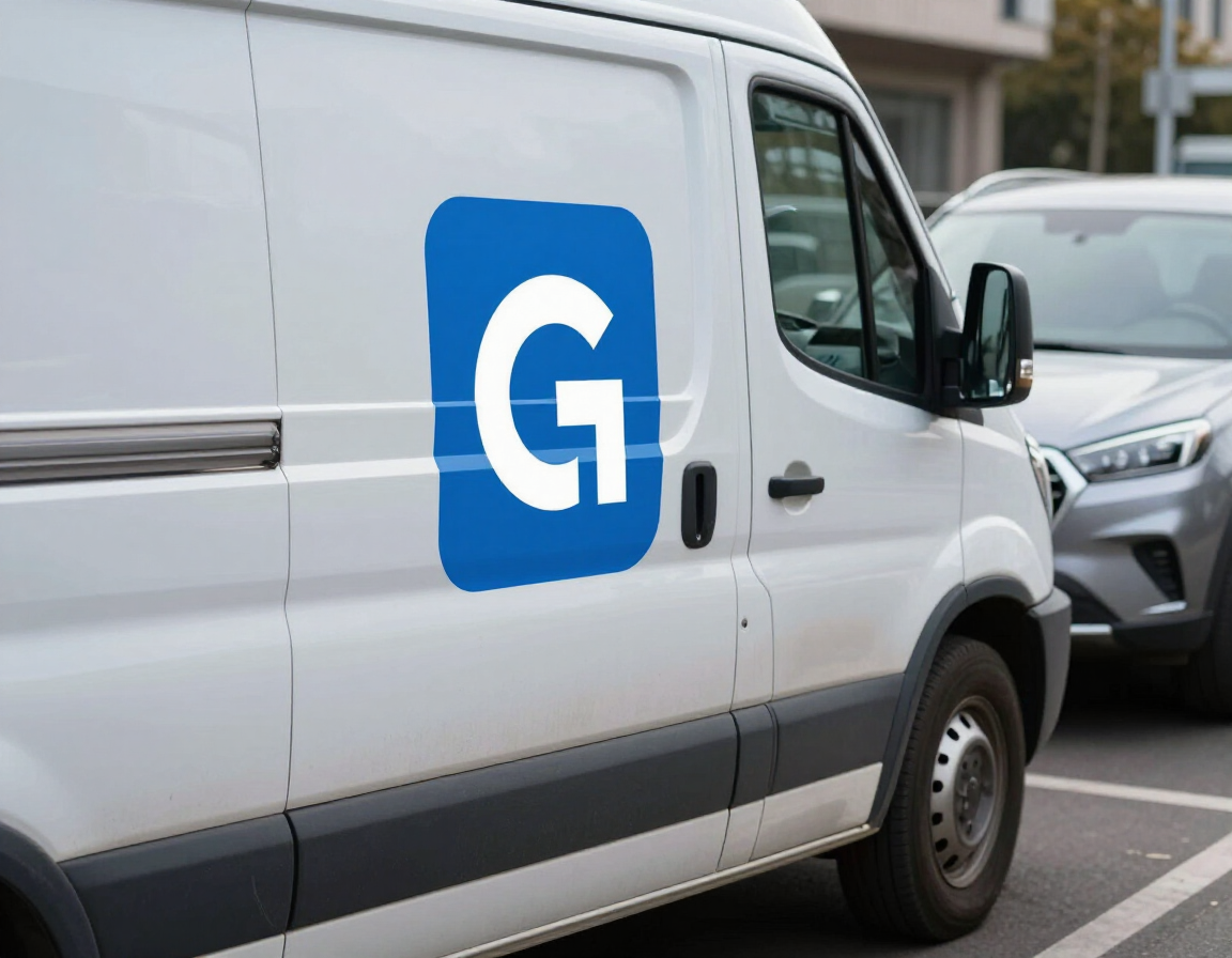 A white delivery van parked on a street, featuring a large blue square logo with a white letter 