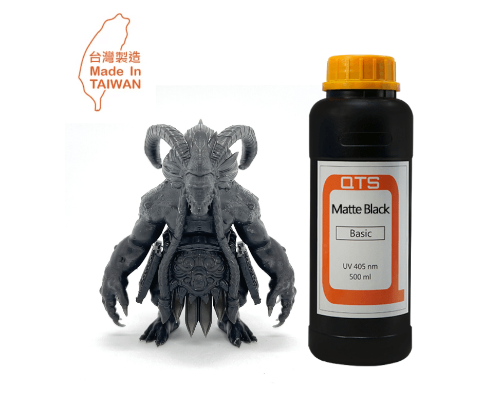 A standing black matte Allien next to a bottlw