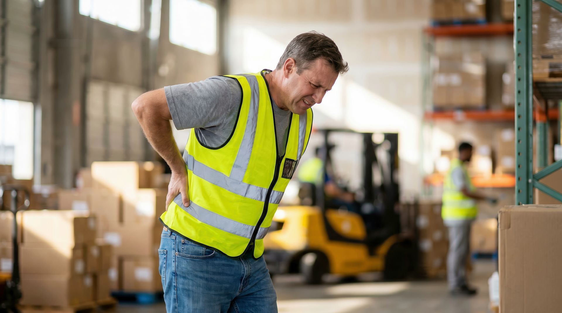 Warehouse worker suffering from back pain inside logistics center