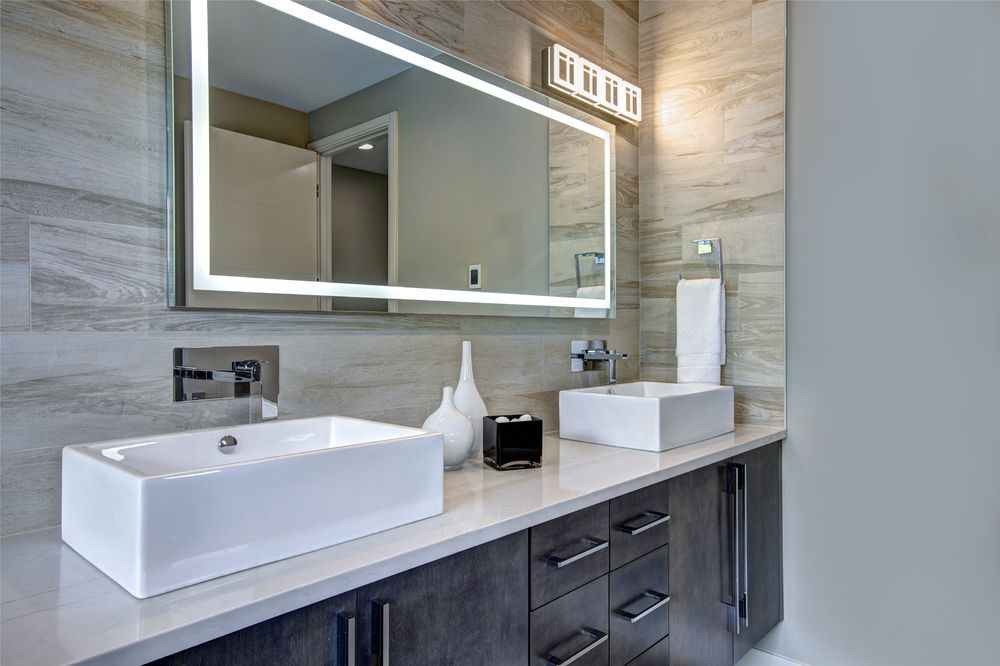 Modern Bathroom With Two White Rectangular Sinks on a Dark Wood Vanity — Morrison Cabinetry in Cooroy, QLD