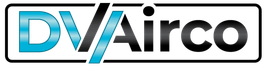Op een witte achtergrond wordt een logo voor dv airco getoond.