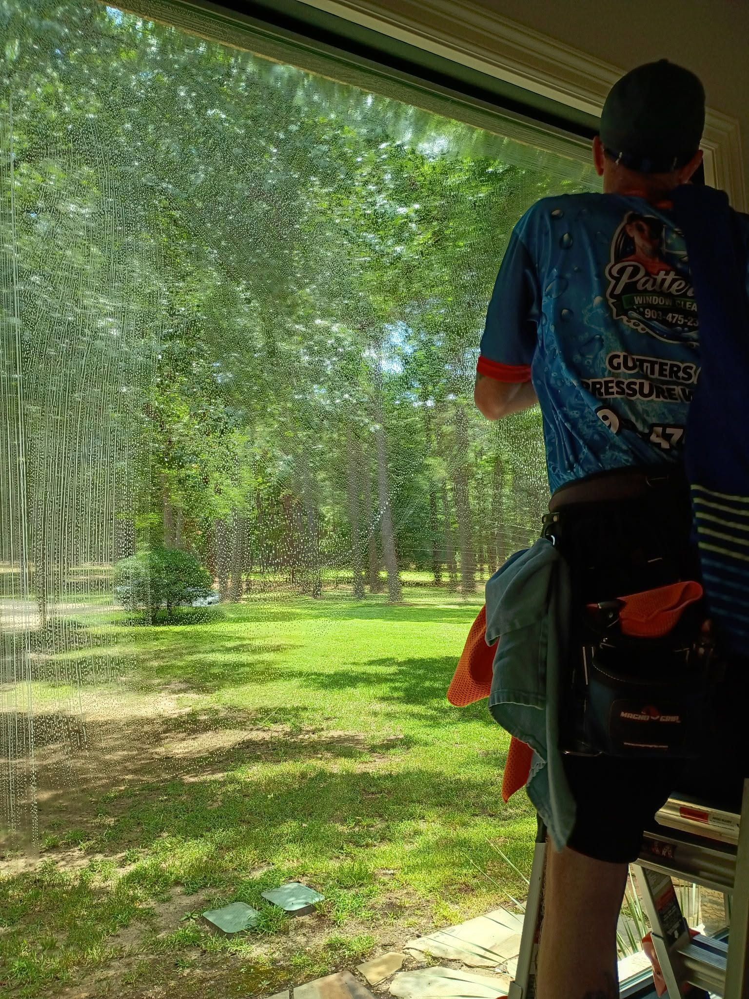 Person standing by an open doorway overlooking a sunny wooded area