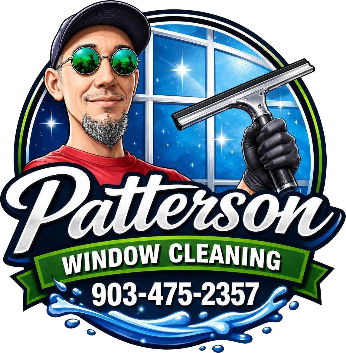 Paterson Window Cleaning logo with squeegee, blue window, and phone number 903-475-2357