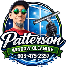 Paterson Window Cleaning logo with squeegee, blue window, and phone number 903-475-2357