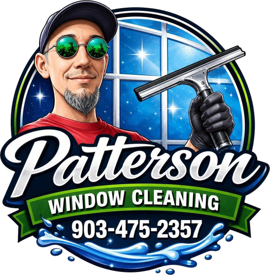 Paterson Window Cleaning logo with squeegee, blue window, and phone number 903-475-2357