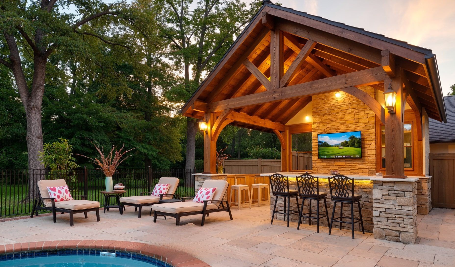 A big patio cover by a swimming pool in Yakima