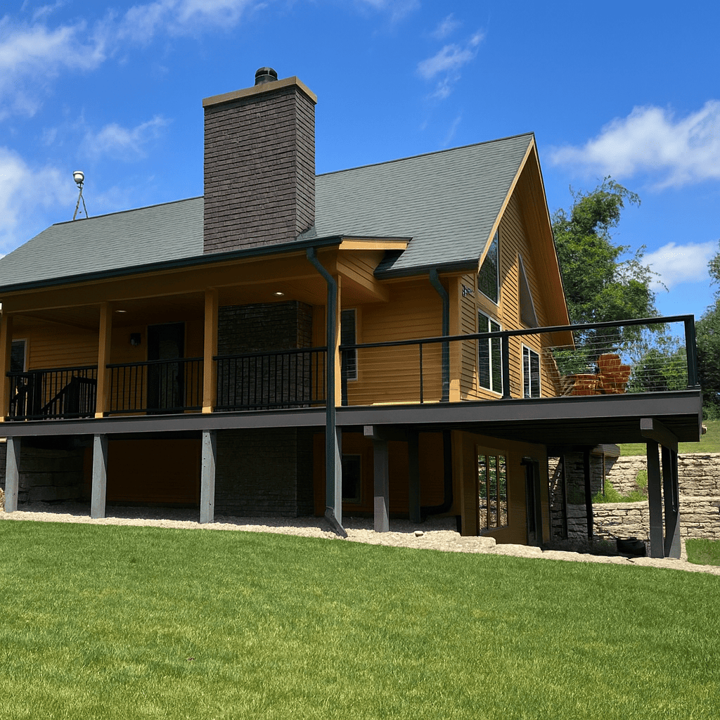 A covered deck on a yellow and gray house