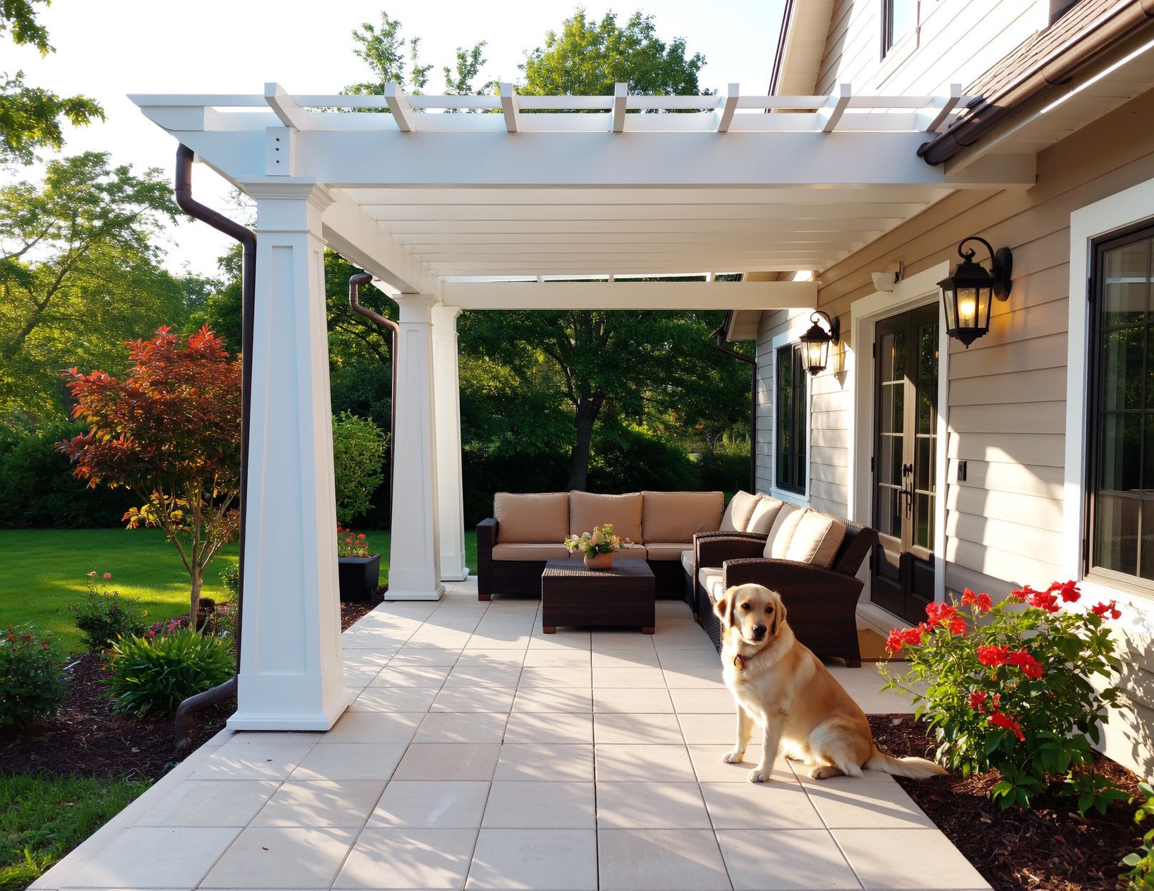 A white pergola with a dog lying under it