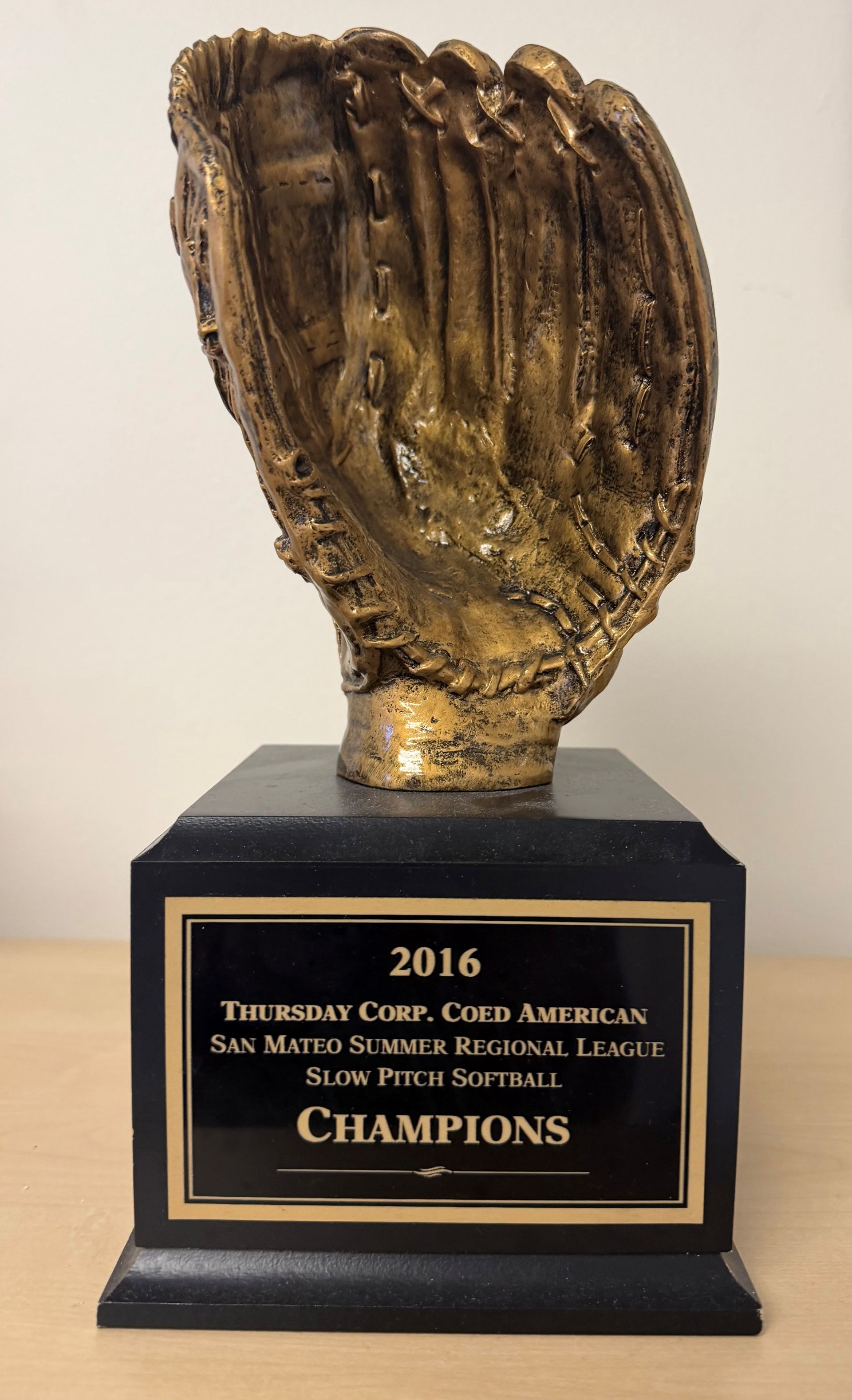 Gold championship trophy on black base engraved “2016 … Champions”