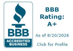 BBB accredited business badge with BBB Rating A+, “As of 8/20/2026” and “Click for Profile”