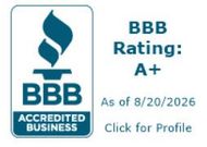 BBB accredited business badge with BBB Rating A+, “As of 8/20/2026” and “Click for Profile”