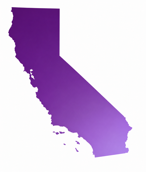 Purple silhouette map of California on a white background
